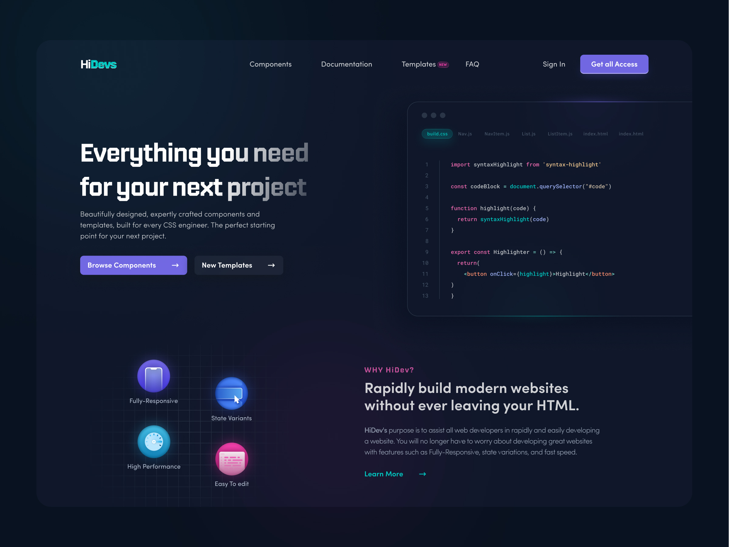 💻 HiDevs - Build websites easily code dark design developer developers figma framework hero hero section landing landing page ui ui ux ux web design web ui website ui