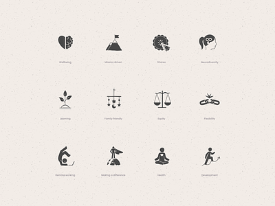 Illustrated icons for Humanli balance benefits branding career development equity family flexibility growth health illustration improvement job mental health mission neurodiversity procreate remote work shares wellbeing