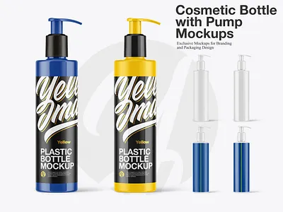 Cosmetic Bottle with Pump Mockups 3d bottle bottle with pump branding cosmetic design freelance mock up mockup psd pump smart object soap yellow images