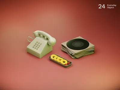 Retro | Everyday object 3d fruits illustration phone red vintage vinyl