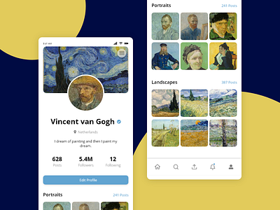 User Profile - Portfolio App adobe xd art dailyui imagery mobile app photography placement portfolio social profile userprofile van gogh