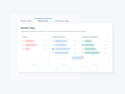 Tags management add clean drag and drop edit interface modal modal design modal window product saas saas app tabs tag tick ux