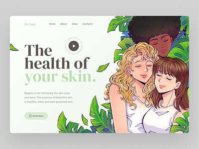 Beauty Skincare Website beauty branding character design flat illustration girl graphic design green header illustration landing leaves nature scene skin skincare ui vector web woman