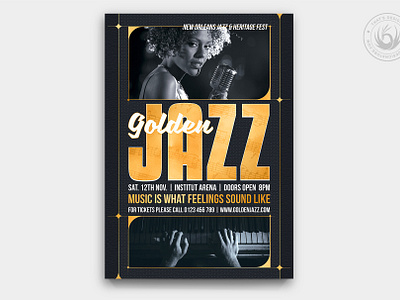 Golden Jazz Flyer Template V7 black black and gold classy concert design elegant festival flyer gold golden jazz music musician photoshop poster psd singer template