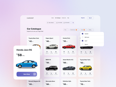 Car Catalogue - Carent purple ver. app car catalogue clean colors desktop detail explore landing page rental trip ui ui design uidesign uiux website