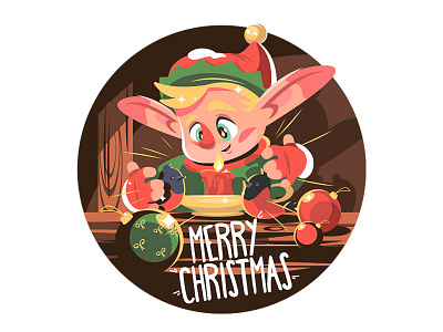 Santas little helper elf ball bird boy character christmas elf flat illustration kit8 new year tree decoration vector xmas