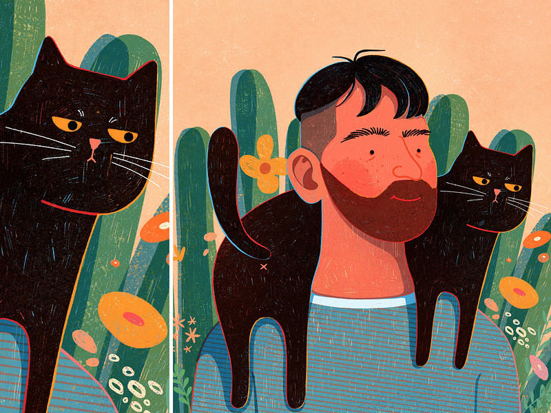 Man with cat animal avatar cat character flower illustration kitty man people pet photoshop plant portfolio portrait procreate