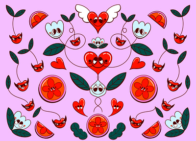 Cherry Bombs cartoon character cartoon illustration character design cherry digital illustration floral floral pattern flowers fruit fruit pattern illustration illustrator pattern design procreate retro retrosupplyco symmetrical truegritsupply