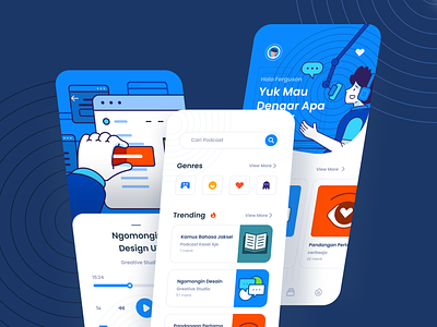 Podcast UI Design app design blue broadcasting character creavora graphic design illustration landing page mobile apps podcast ui uiux user experience user interface