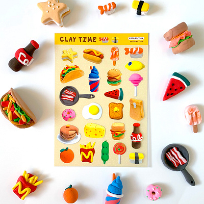 Clay Time: Food Edition Sticker Sheet bacon breakfast burger clay cola donut food hot dog lollipop pancake sticker stickers sushi taco toast