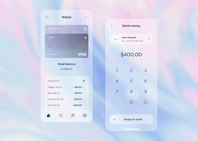 Glassmorphism Wallet App app app design application card clean elegant glass glassmorphism glassy minimal money app swipe ui ui ux ui design ux ux design uxui wallet wallet app