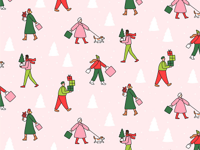 Christmas shoppers character pattern christmas pattern christmas shoppers gift shopping illustration little people pattern design shopping snow surface design trees winter outfits