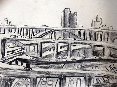 Superhighways art artwork black and white bridge bronx charcoal drawing drawing george washington bridge high bridge intersection manhattan new york new york art new york city roads