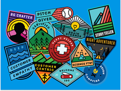 Design for Delight (D4D) sticker badges camp camp badges campfire design illustration intuit stickers summer camp summer camp badges vinyl stickers