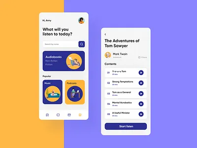 AudioApp - media collection for listening android app app design audio audiobook audioplayer clear contrast illustration ios listening media minimal music player podcast track ui uiux ux