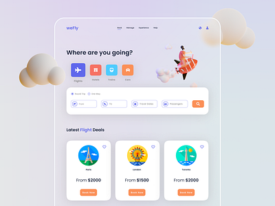 weFly booking flights glass effect glassmorphism glassy hotel minimal productdesign tourism travel travelling trip ux ui design vacation web app webdesign