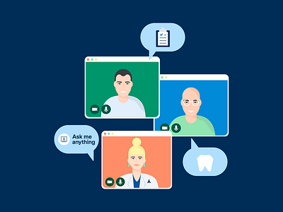 Dentist/Hygienist Webinar Illustration branding dental training dentists digital illustration flat illustration health human illustration hygienist minimal patient spot illustration spot illustrations students uidesign uiux video call webinar website zoom meeting