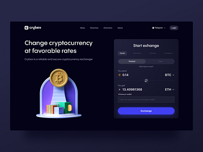 Crybex Website Home Page 3d 3d illustation bitcoin branding crypto crypto exchange cryptocurrency cryptocurrency exchange dark dark theme design exchange illustration minimalism ui ui design user interface web design