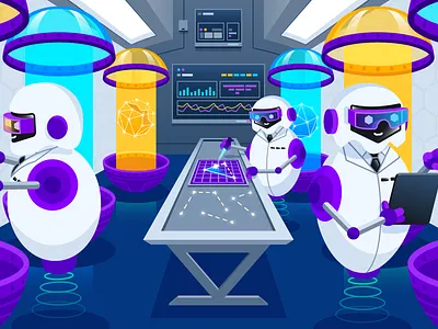 Synthetics computer end to end future gradient illustrator lab laboratory logs maintenance metric monitor robot scientist synthetics testing traces vector