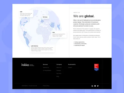 hikko / about about us agency best place to work branding cx automation design design studio earth globe graphic design landing map salesforce ui ux website