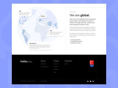 hikko / about about us agency best place to work branding cx automation design design studio earth globe graphic design landing map salesforce ui ux website