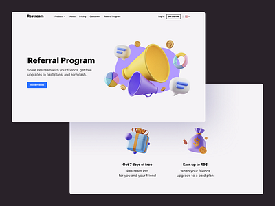 Landing page for referral program 3d ilustration blender3d horn landing messages money piechart referral restream speaker ui webdesign