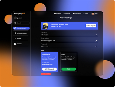 Account Setting Screen (Dark Mode) account settings black and white colorpalette dark ui darkmode design figma figmadesign glassmorphism screen interface typography ui ui ux ui design ui interface uidesign uidesigner unsplash