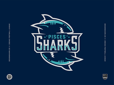 Zodiac Football League | Pisces Sharks (12/12) astrology badge design branding crest football illustration league logo logo design logotype mascot logo pisces shark sports branding sports logo sports mascot uniform design vector vector illustration zodiac sign