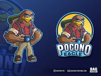 Photo Eagle Mascot Logo backpack bird camera cartoon character design eagle explorer illustration logo mascot outdoors photographer trekking vector