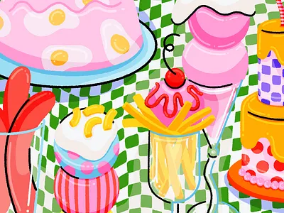 Feast illustration banana checker dinner eggs food fries hot dog ice cream illustration jello ketchup meal still life warp