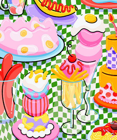 Feast illustration banana checker dinner eggs food fries hot dog ice cream illustration jello ketchup meal still life warp