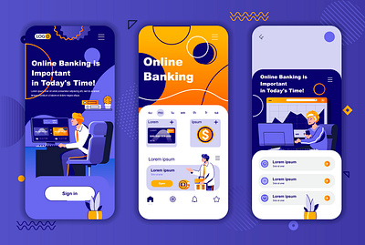 Online Banking Onboarding Screens Mobile App UI Kit app application facebook flat gui illustration insta instagram interface kit mobile onboarding responsive screen stories story ui user ux vector