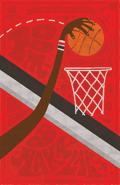 Trail Blazers Poster basketball boom shaka laka funky hoops illustration lettering pdx poster rip city sports illustration