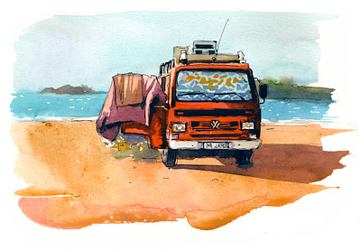 Red van abstract aquarelle art design illustration nature sketch travel watercolor watercolour