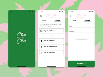 Cha Cha Matcha Login Screens app app design branding chachamatcha design login design login screen matcha minimalist sign up ui tabs ui user experience uxui