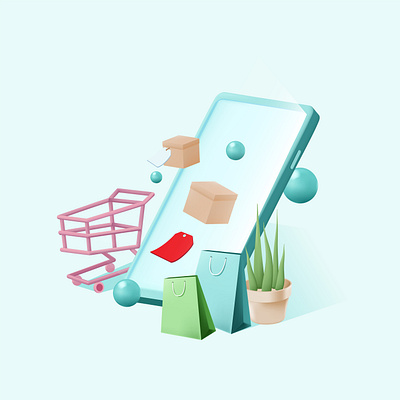 Online Shopping 3D Scene 3d app application branding cart design icon landing page new normal online online store shopping shopping bag smartphone sphere ui vector web