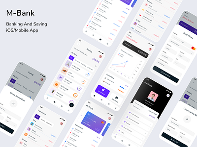 M-Bank : Banking And Saving iOS/Mobile App 2021 trend analytics app design branding cards cards ui clean creating saving goal creating saving goal design filter minimal mobile application mobile bank profile savings app transaction history ui ux website