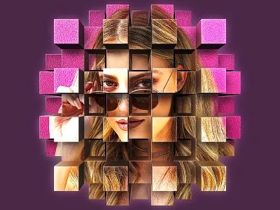 Cube Explode Portrait box boxes cubes design extrusion glasses illustration mural perspective pink portrait purple sunglasses