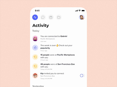 Activity section for Vyoo activity animation app chat events illustration interaction jobs messages mobile notifications tabs ui ux