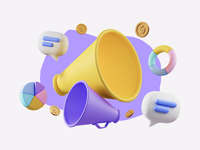 Main Illustration for referral landing page 3d blender3d bussines coins gold horn illustration messages money piechart referral restream speaker