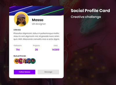 Social Profile card card community creative challenge design followers friends social network social profile ui ux xd design