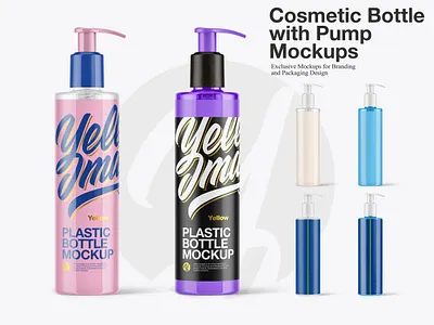 Cosmetic Bottle with Pump Mockups 3d branding cosmetic design logo lotion mock up mockup psd soap yellow images