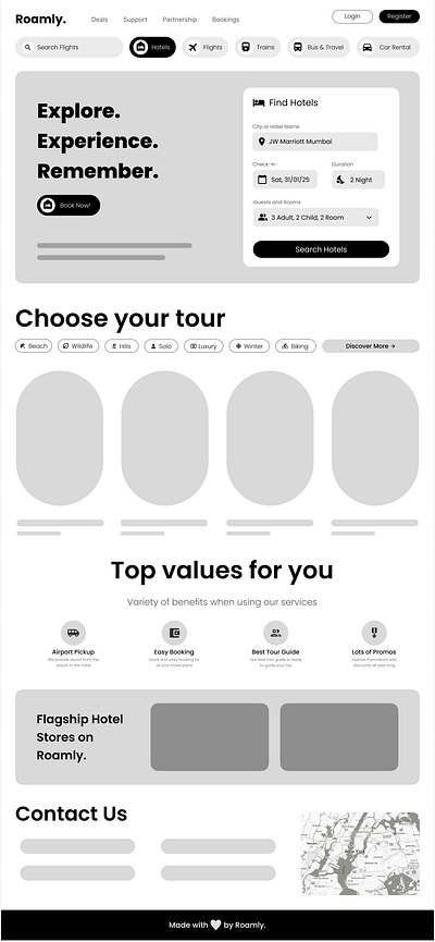 Roamly – Travel Booking UI/UX Wireframe Design app design graphic design typography ui ux web website wireframe