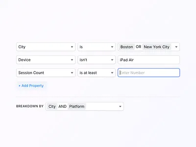 🎈 A small part of a Filter / Query Builder - New Countly UI analytics app button clean clear ui dashboard dropdown dropdown ui filter form input interface layout light multiselect query selection ui ux