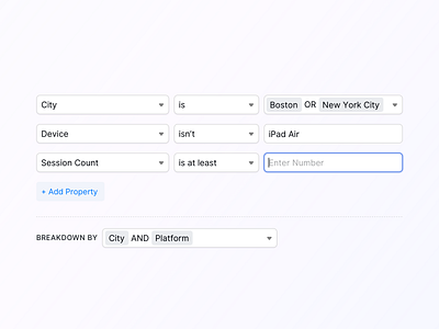 🎈 A small part of a Filter / Query Builder - New Countly UI analytics app button clean clear ui dashboard dropdown dropdown ui filter form input interface layout light multiselect query selection ui ux