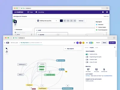 CodeSee: streamlined, accessible features and navigation architecture diagram code review collaborative editing dev tools navigation product design side panel staff augmentation ui ui design ux ux design web application design