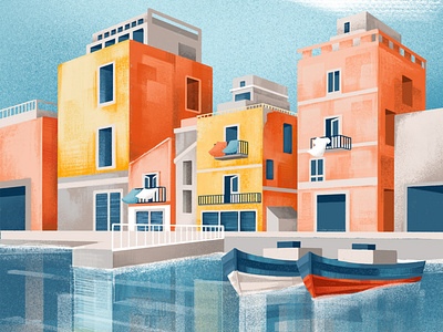 The Circular Tour - Eni x Coldiretti buildings circular economy colors houses illustration ipad pro italy procreate puglia reflex sail ho studio sho studio south italy texture vector water waterfront