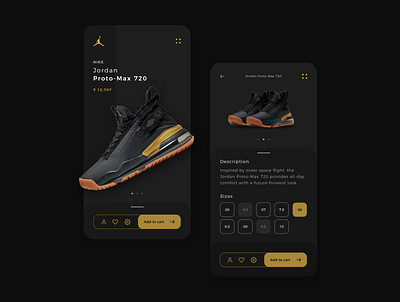 Nike Jordan shoes Mobile App UX UI Design animation app app design application application ui dark ui e commerce flat ui interaction interactive design jordans mobile design motion design nike nike shoes shoes design sports design ui uiux ux