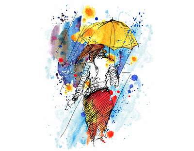 Woman in the rain art design fantasy fashion graphic illustration print sketch vector watercolor