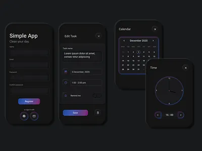 Simple App app design black white button design calendar clock dark app dark mode dark ui flatdesign gradients input box list minimal neumorphic neumorphic design registration simple clean interface simple design task list todolist